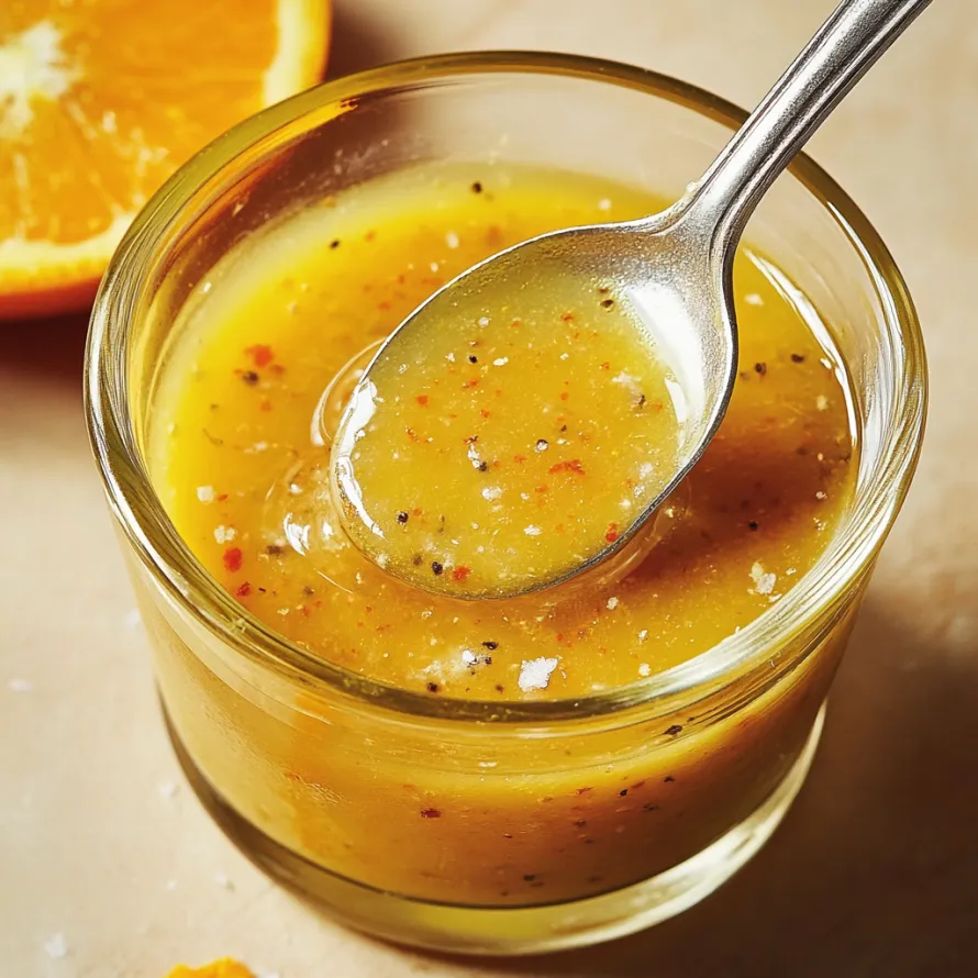 Um copo com molho de laranja e uma colher dentro.