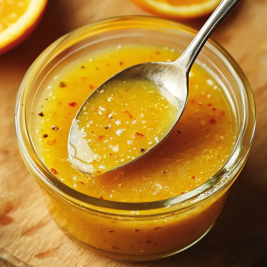Uma colher num copo com molho de laranja.