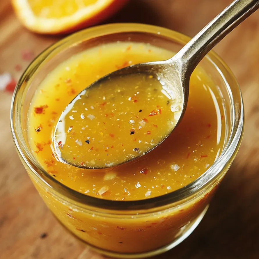 Uma colher num copo com sumo de laranja.