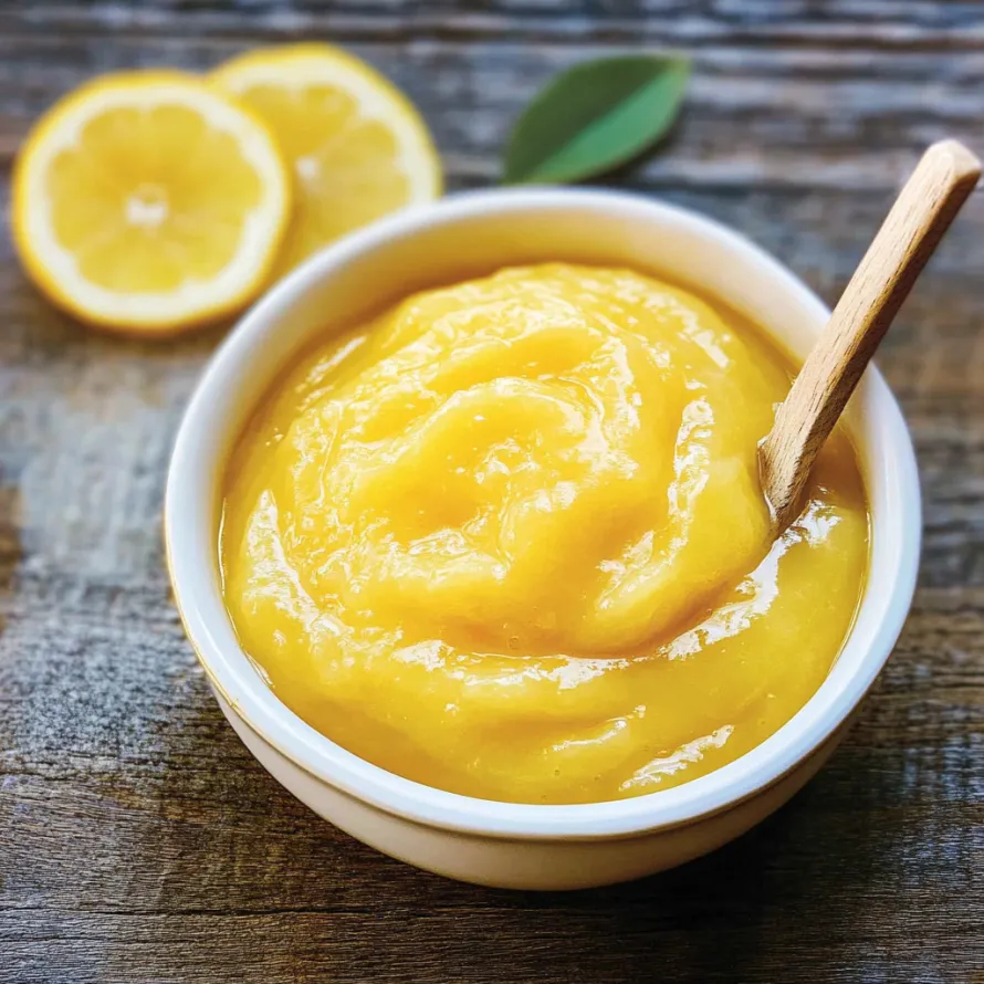 Tigelinha de creme de limão com colher dentro.