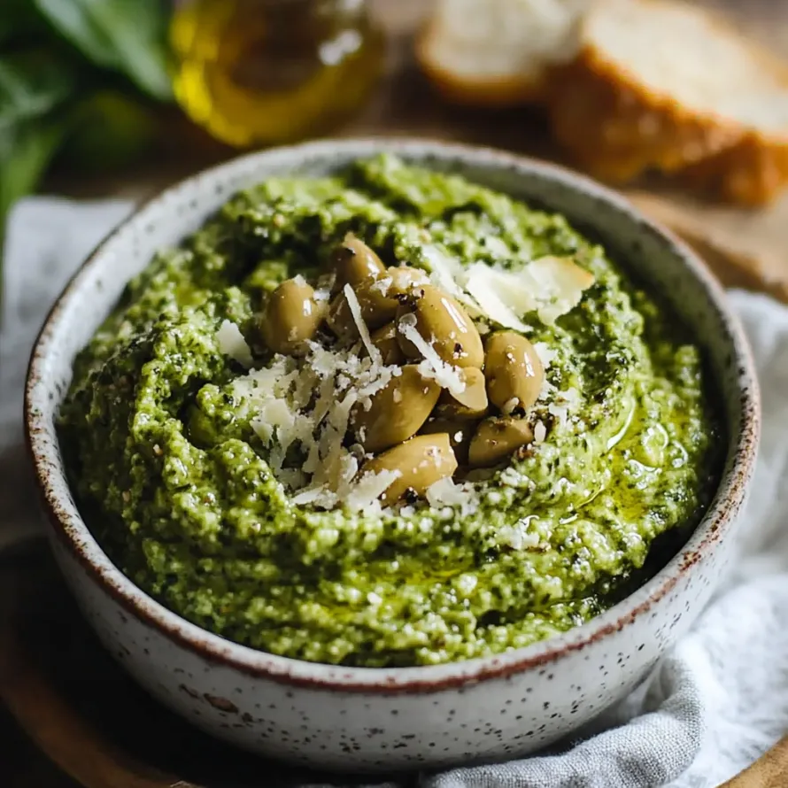 Tigela de sopa verde com pinhões.