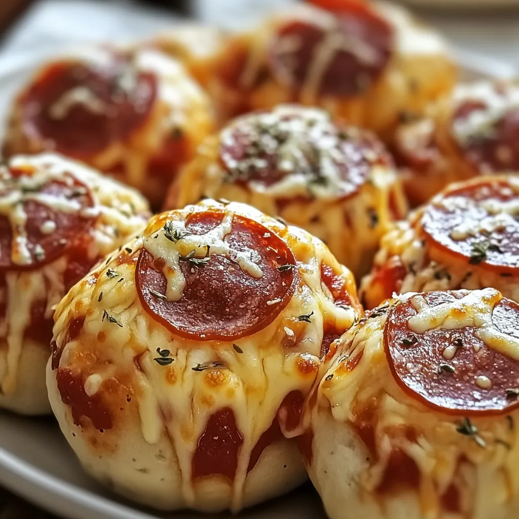 Um prato cheio de mini pães recheados de pepperoni e queijo.