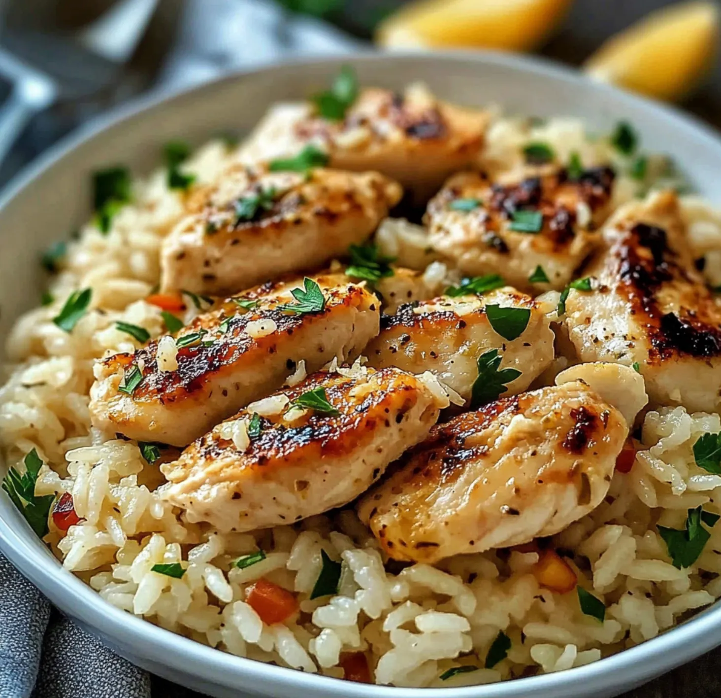Um prato de arroz com frango por cima.