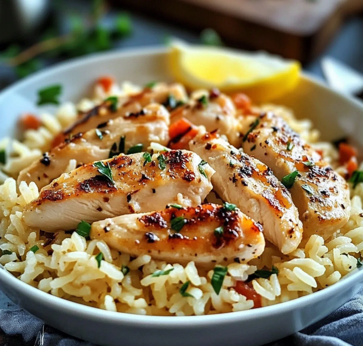 Prato com arroz, frango e legumes.
