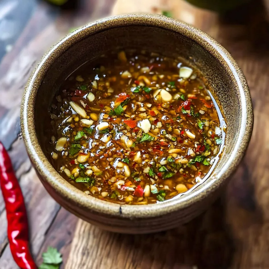 Taça com molho avermelhado e amendoins salpicados.