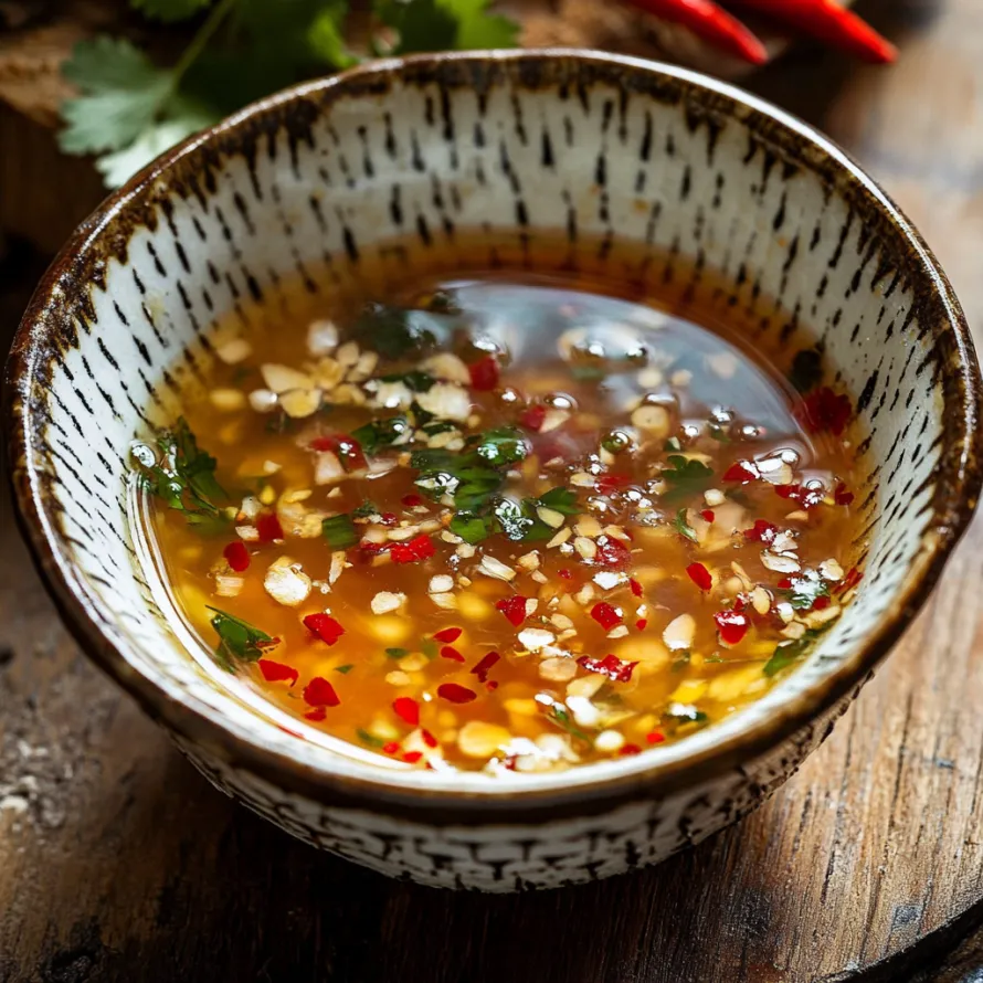 Tigela de molho com pimenta vermelha e ervas por cima.