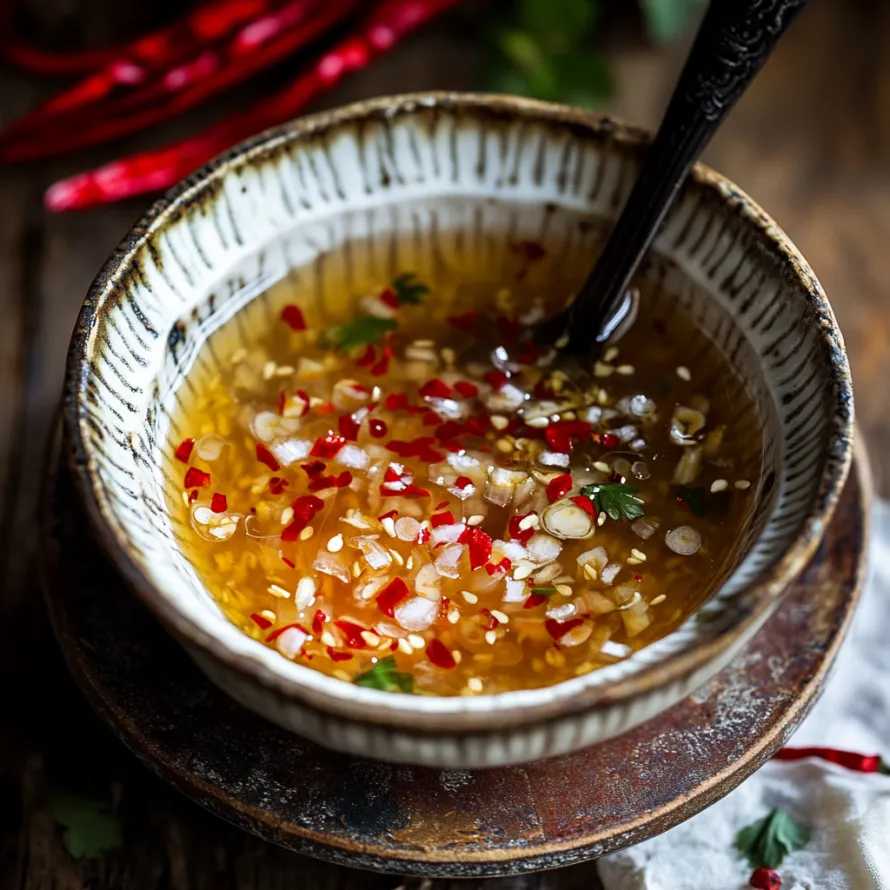 Taça de molho com pimentos vermelhos e cebolas.