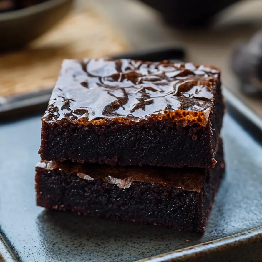 Dois pedaços de brownie de chocolate em um prato.