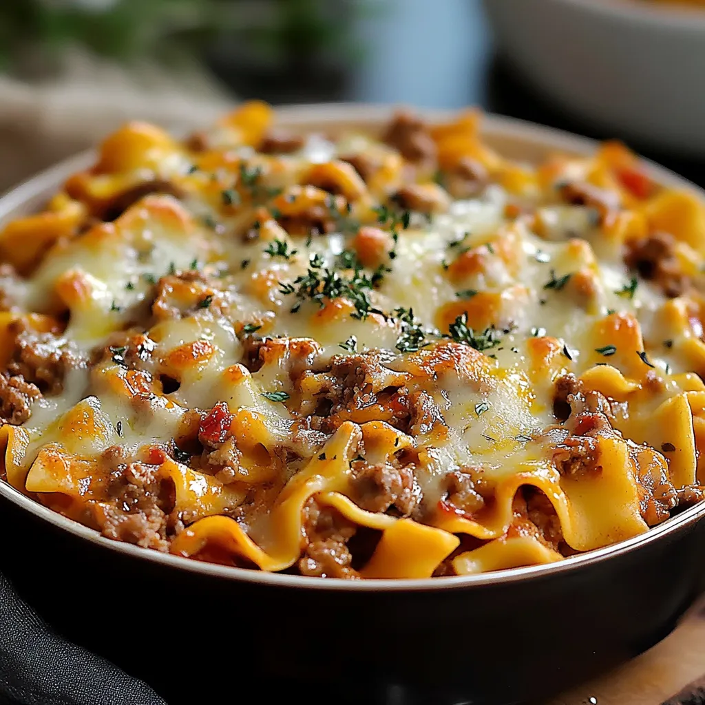 Uma tigela com massa, carne e queijo.