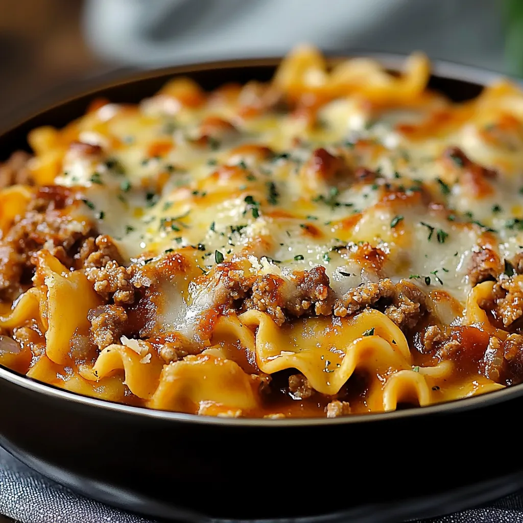 Uma tigela com massa, carne e queijo.