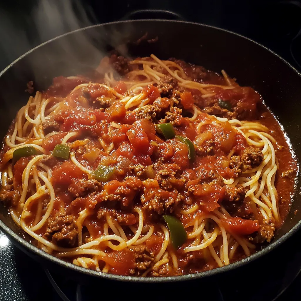 Panela com esparguete e molho de tomate apurado.