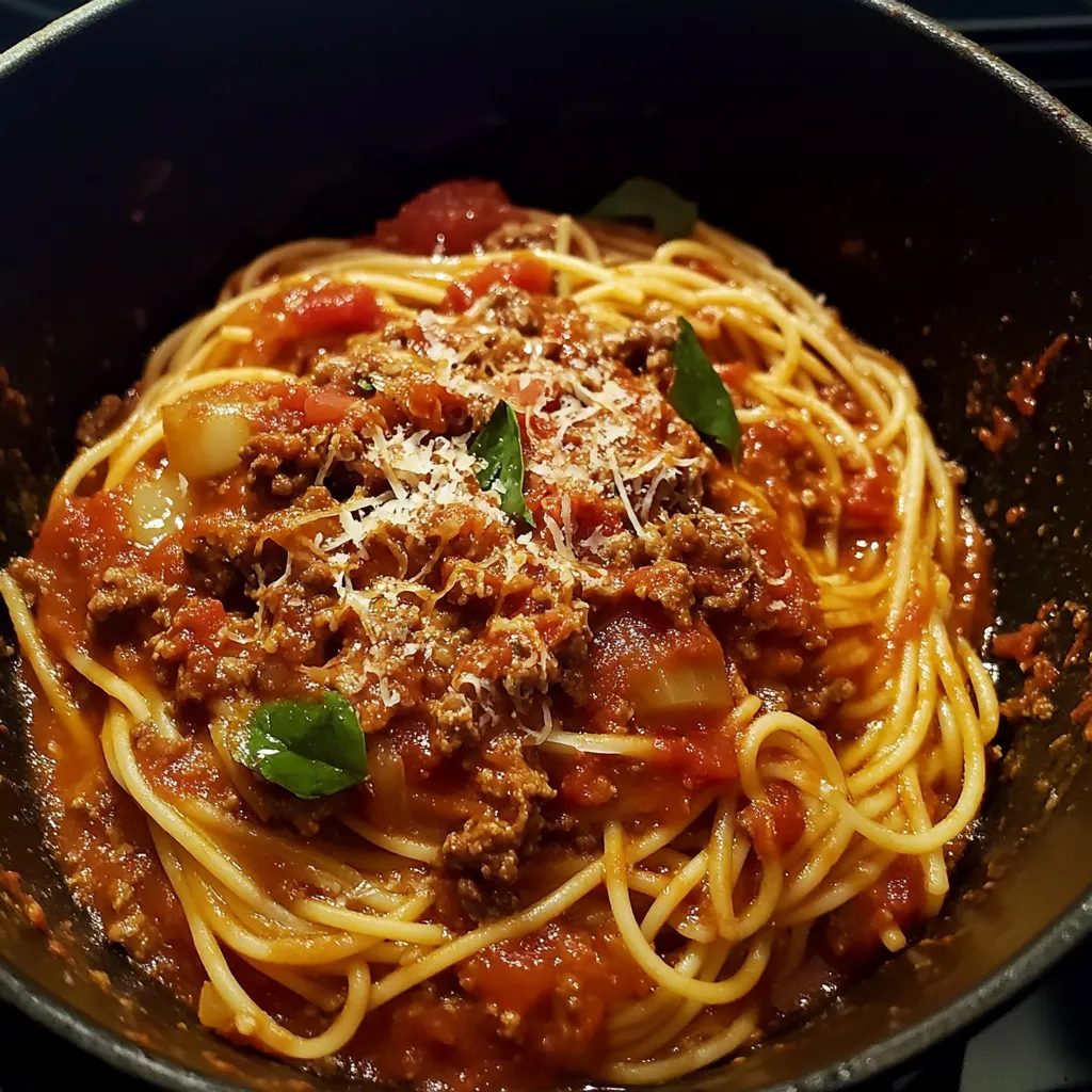 Panela com esparguete envolvido num molho de carne e tomate.