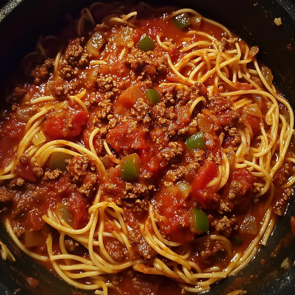 Um pote de spaghetti coberto com um molho suculento de carne, tomate, alho e pedaços de pimentão.
