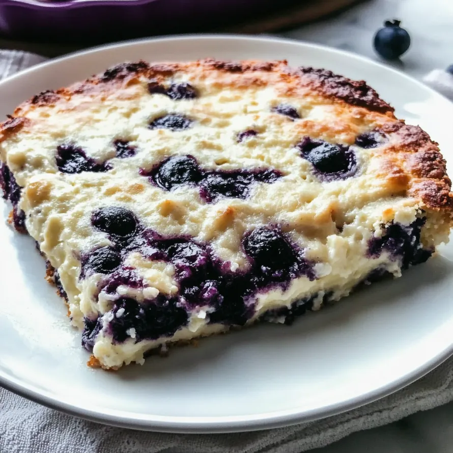 Um pedaço de cheesecake de mirtilo num prato branco.