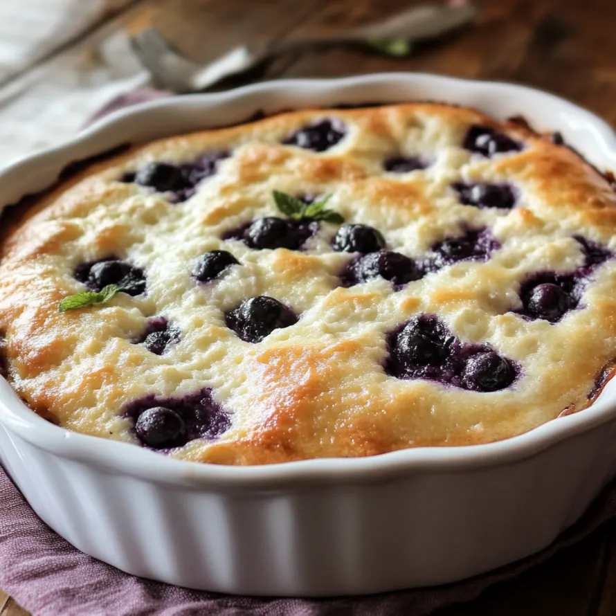 Um crumble de mirtilo numa tigela branca.