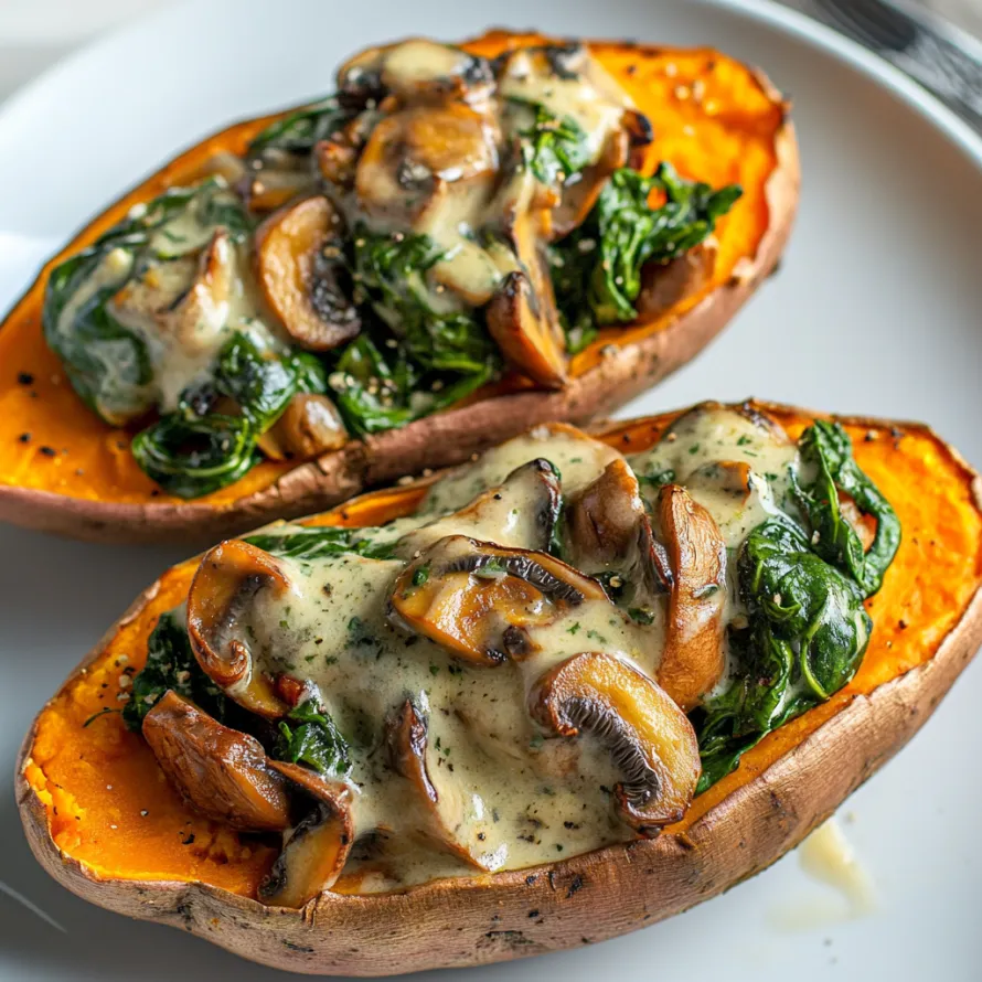 Duas fatias de abóbora com cogumelos e verduras.
