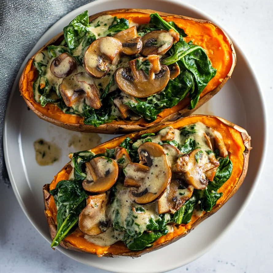 Duas rodelas de batata-doce assadas com cogumelos e folhas verdes.