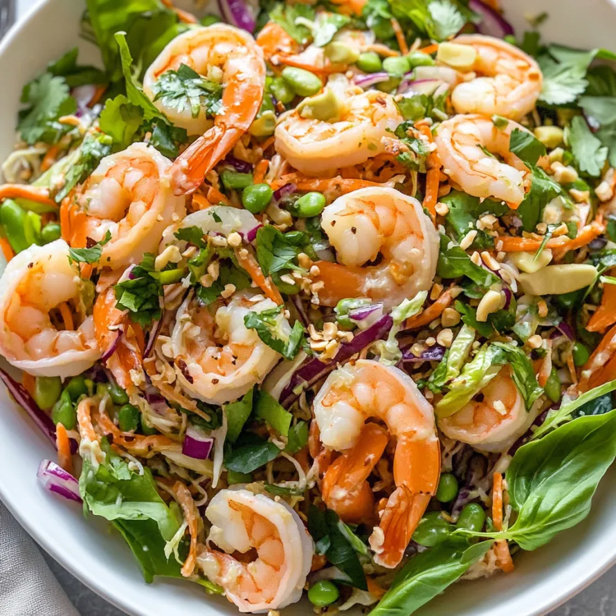 Uma tigela de salada de camarão com pimentão e folhas verdes.