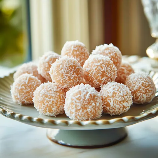 Um prato de bolinhas de coco.
