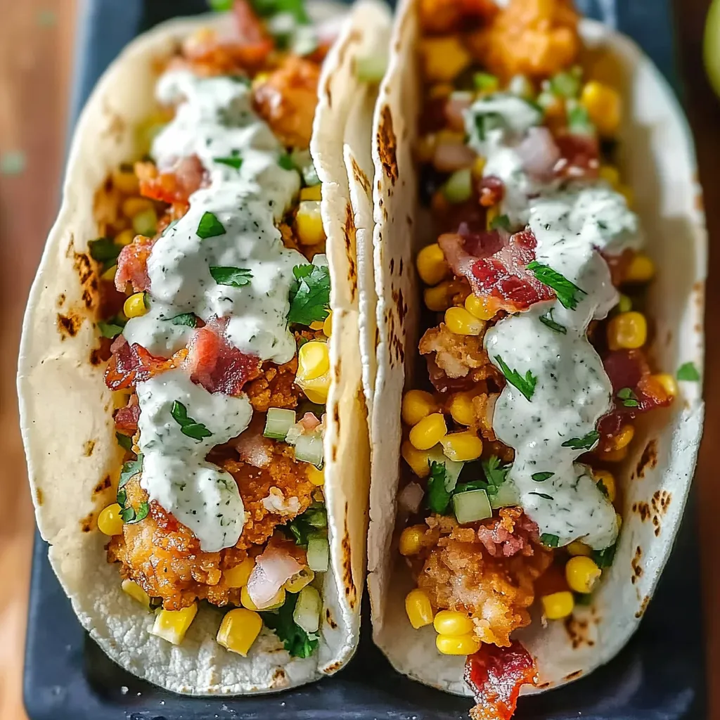 Dois tacos recheados com frango, milho e molho.