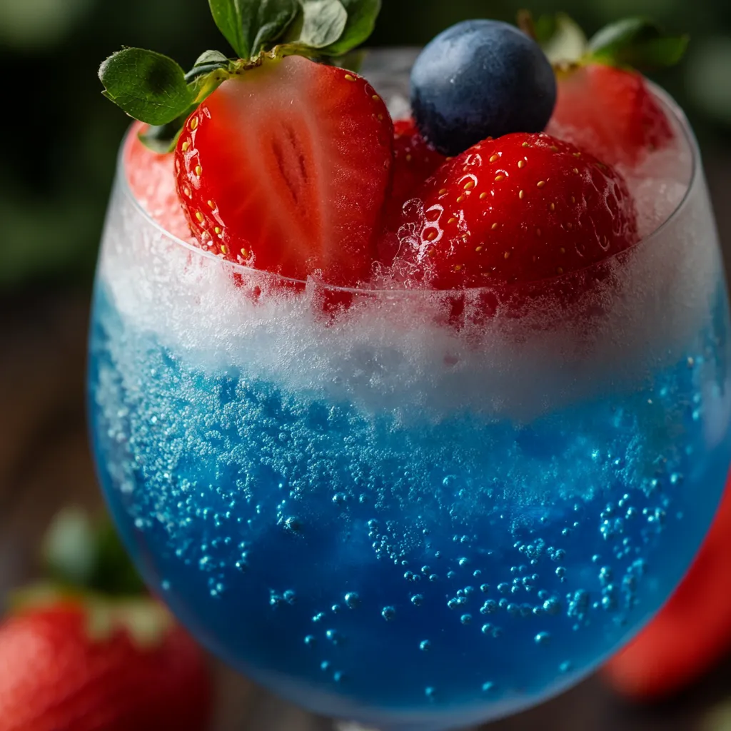 Copo com drink azul e vermelho e morangos.