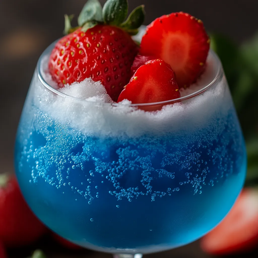 Drink azul em copo com morangos dentro.