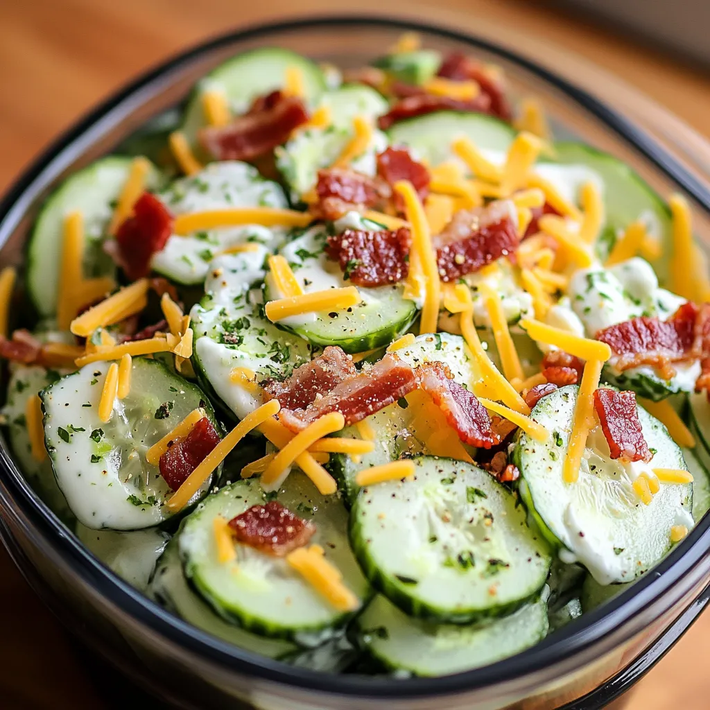 Tigela de pepino com queijo e bacon por cima.