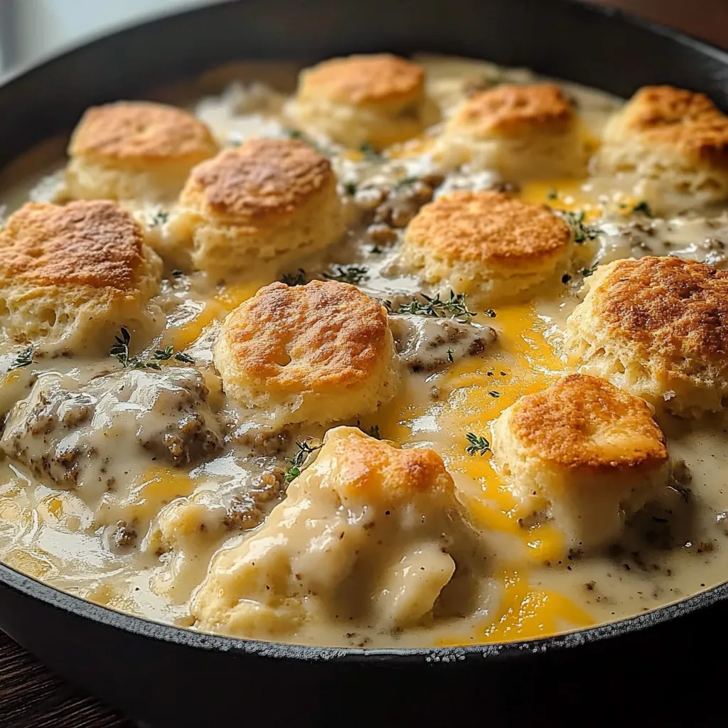 Travessa de comida com biscoitos e molho cremoso.