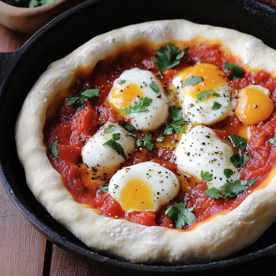 Uma pizza com ovo e tomate.
