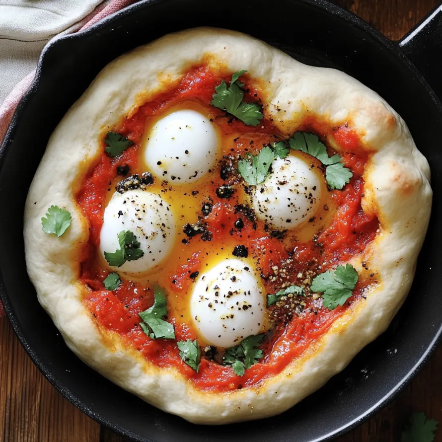 Uma pizza com ovos e tomates.