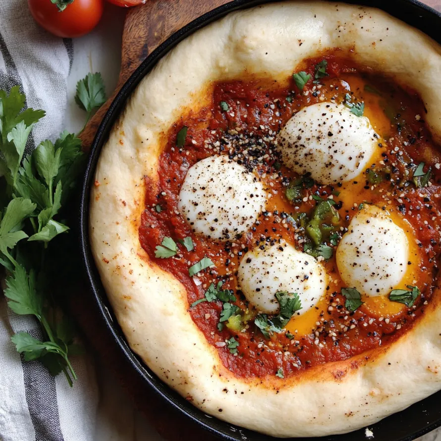 Uma pizza com ovos e tomates.