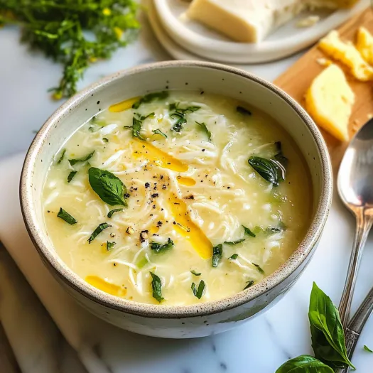 Um prato de sopa com colher.