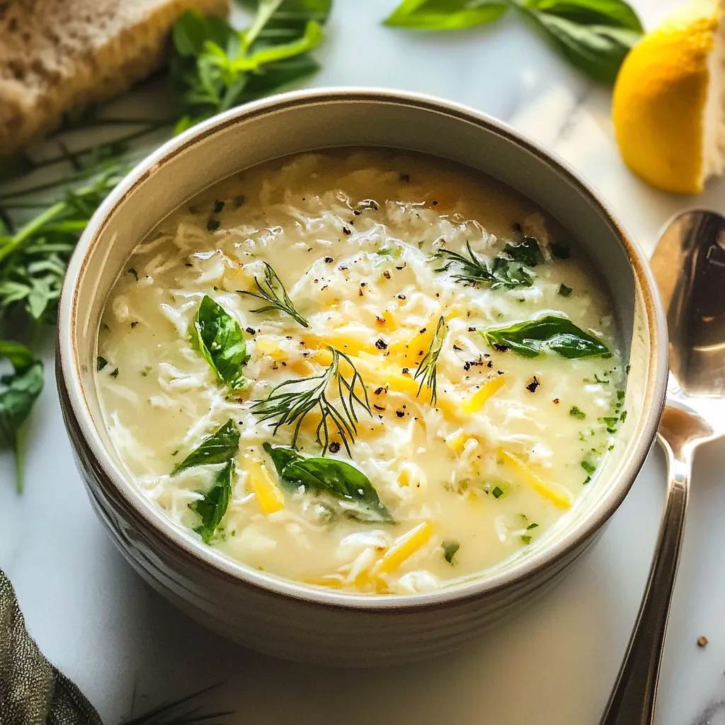 Tigela de sopa grega com colher.