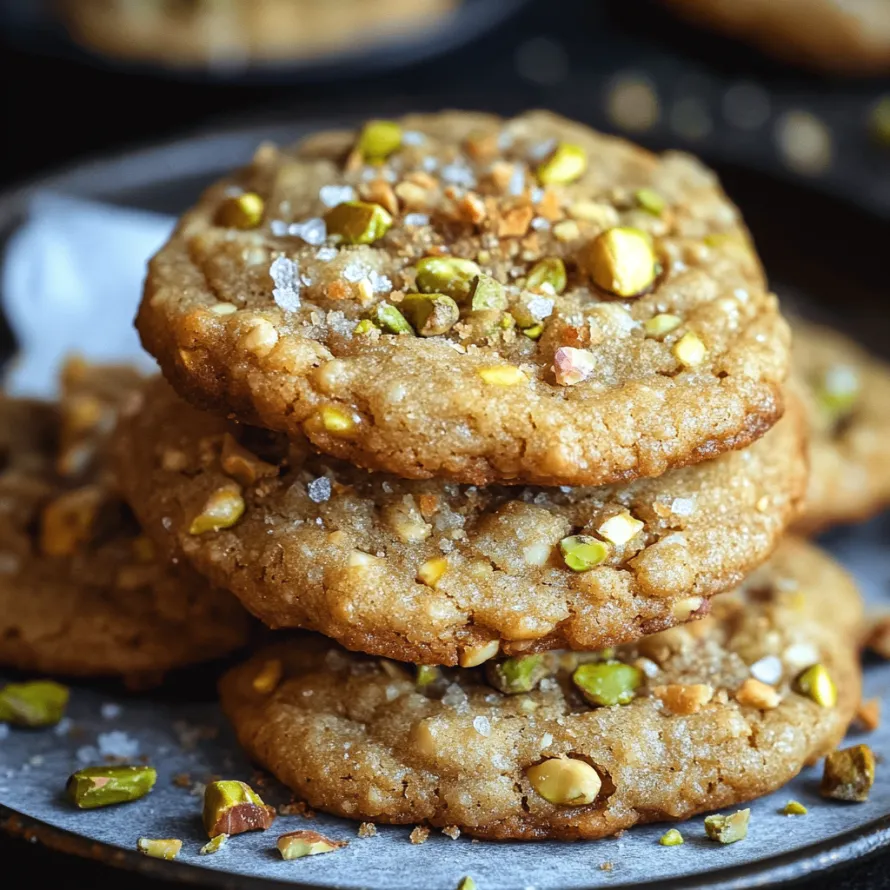 Vários biscoitos empilhados com pistache por cima.