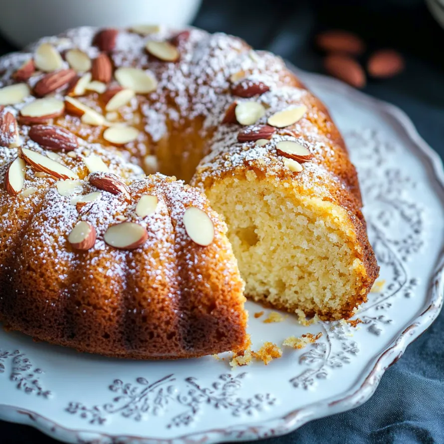 Um bolo coberto com lascas de amêndoa.