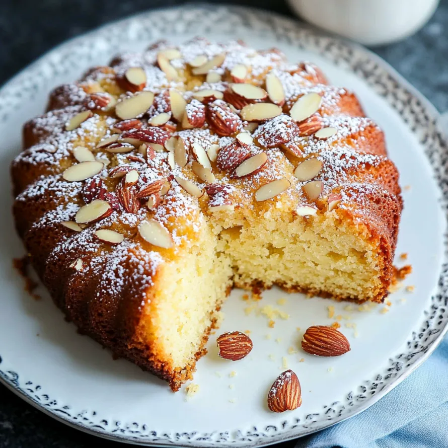 Uma fatia de bolo de amêndoa no prato.