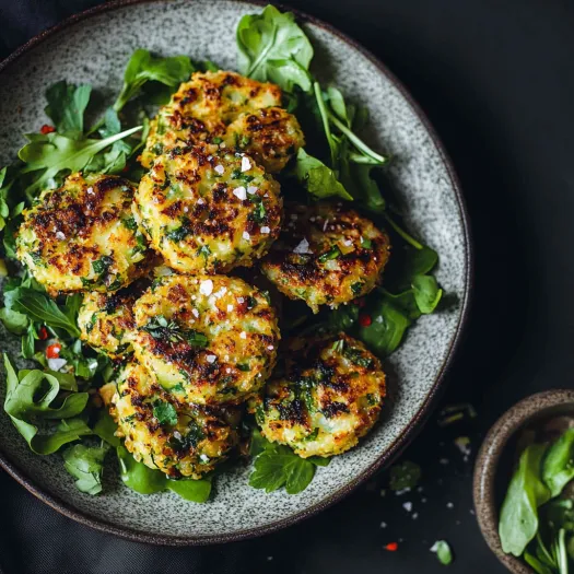 Prato com bolinhos dourados, folhas verdes e proteína.