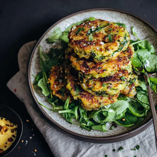 Bolinhos de vegetais empilhados num prato.