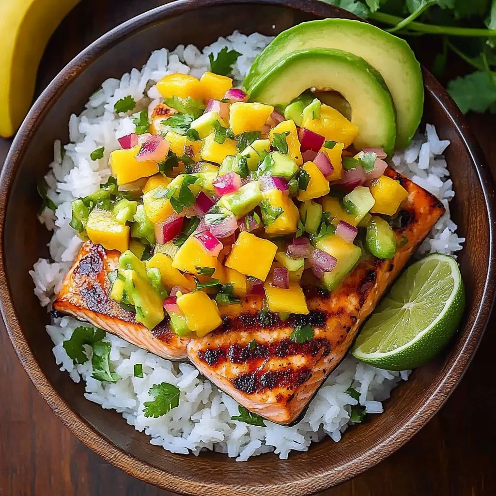 Salmão, salsa de manga e arroz de coco no prato