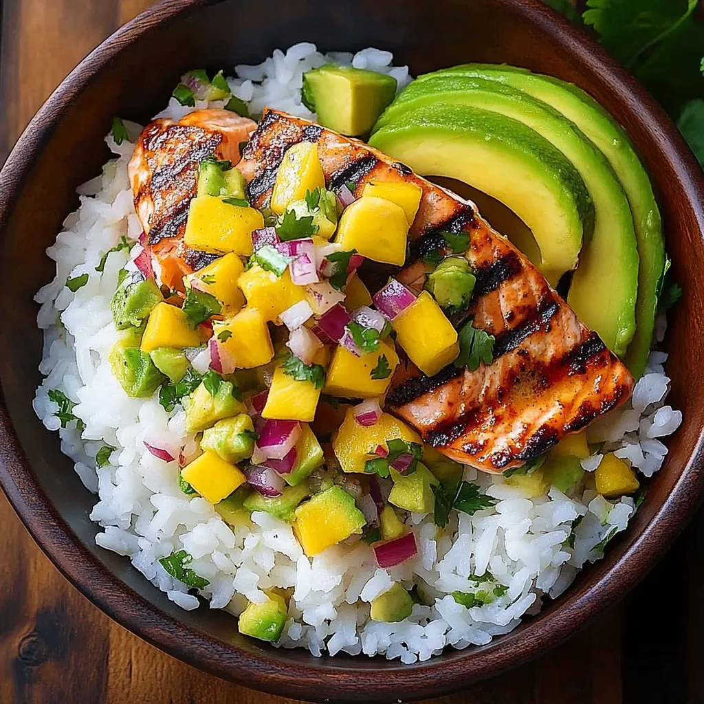 Uma taça com arroz, abacate e peixe.