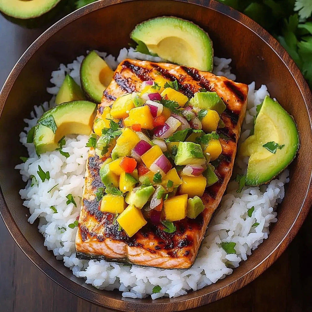 Uma taça com arroz, abacate e peixe.