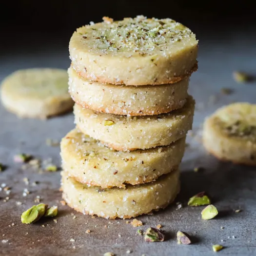 Uma pilha de biscoitos com pedaços de castanhas por cima.