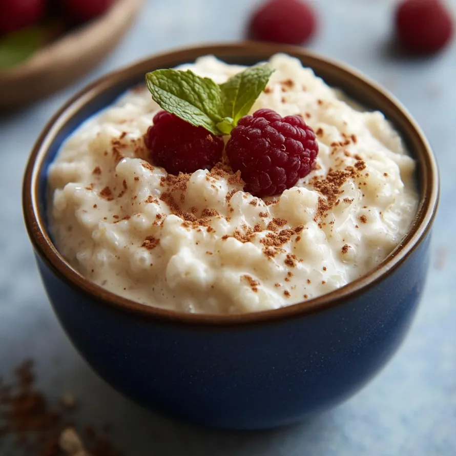 Uma tigela de arroz doce com framboesa por cima.
