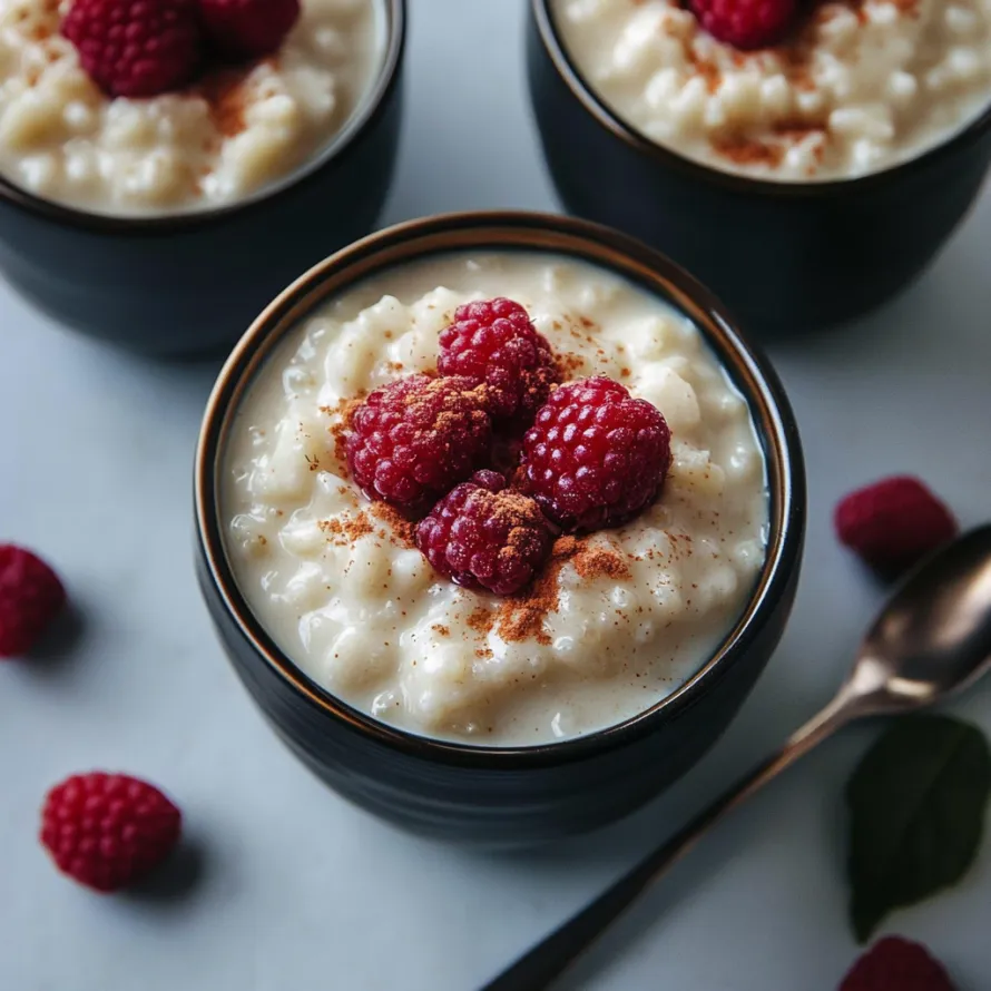 Uma tigela de arroz-doce com framboesas por cima.