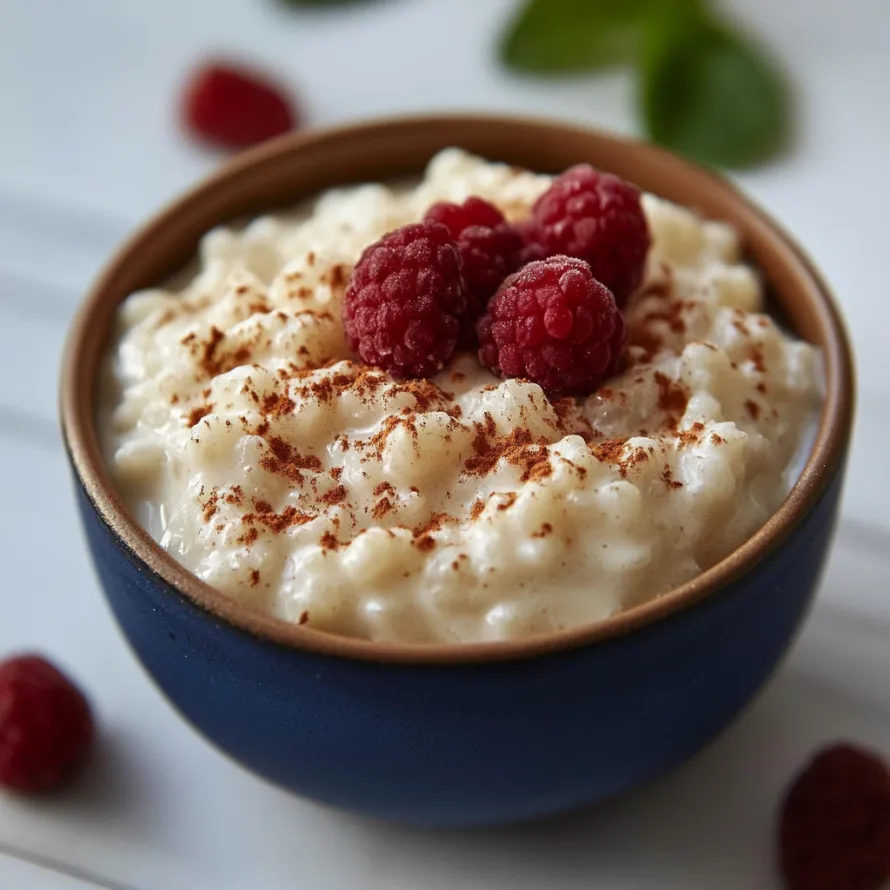 Tigela de arroz-doce com frutas vermelhas no topo.