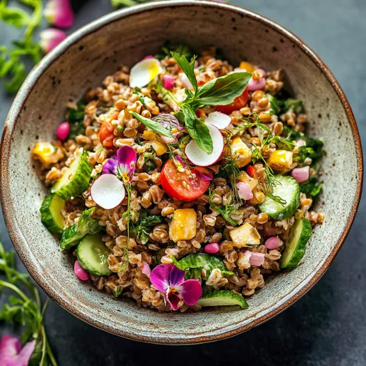 Uma taça com arroz, legumes e flores.