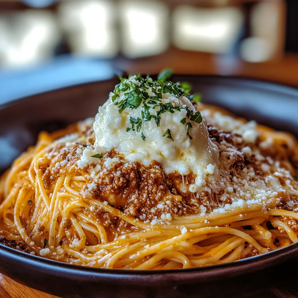 Prato fundo com espaguete, molho de carne e queijo gratinado por cima.