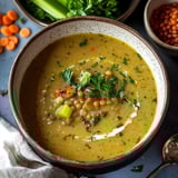 Uma tigela de sopa com vegetais e leguminosas.
