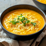 Uma tigela de sopa com macarrão e ervas.
