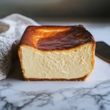 Uma fatia de bolo de queijo num balcão de mármore.